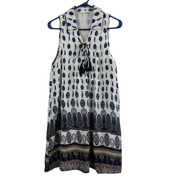 Entro White Blue Paisley Mini Dress Large Tassel Tie Collared Neck Boho Festival - Picture 1 of 14